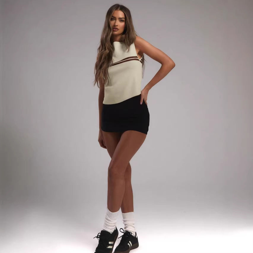 Débardeur tricoté rayé style Chanel pour femme, vêtement d'été, coupe ajustée, couche de base, haut sans manches