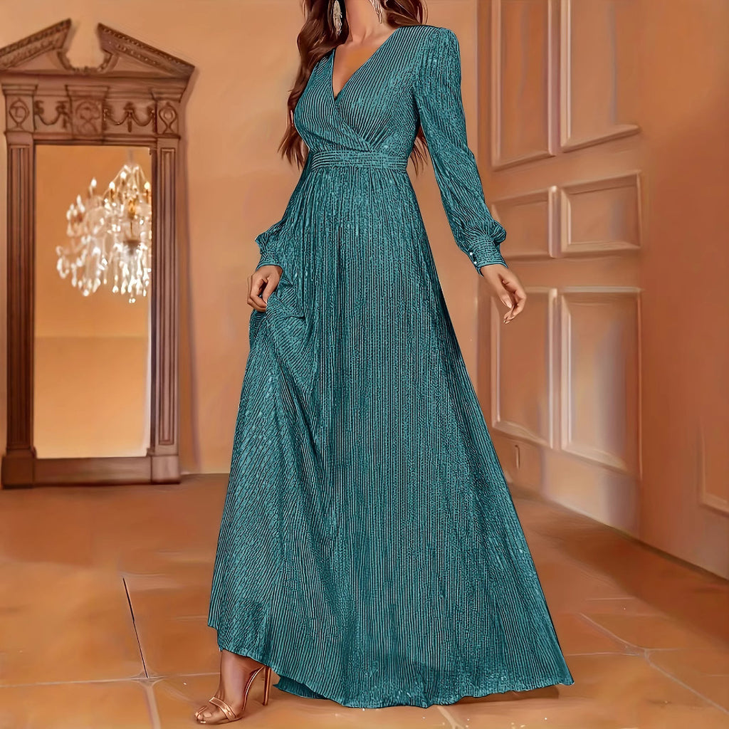 Robe de soirée élégante à sequins, manches longues, col en V et taille haute