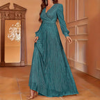 Robe de soirée élégante à sequins, manches longues, col en V et taille haute