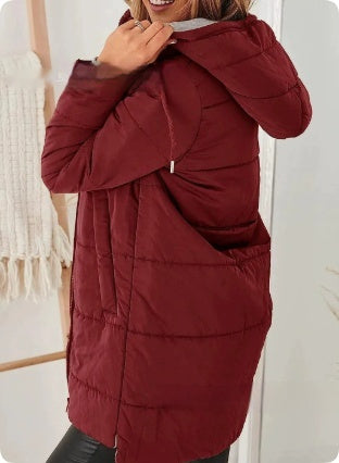 Manteau Long en Coton Uni avec Capuche et Poches pour Femme