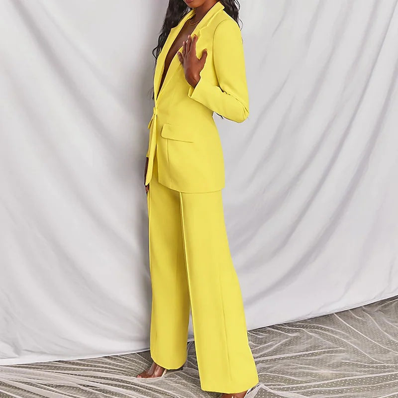 Ensemble 2 pièces décontracté blazer à revers boutonné et pantalon droit pour le bureau, les trajets quotidiens et les affaires