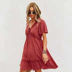 Robe d'été unie à manches courtes pour femme