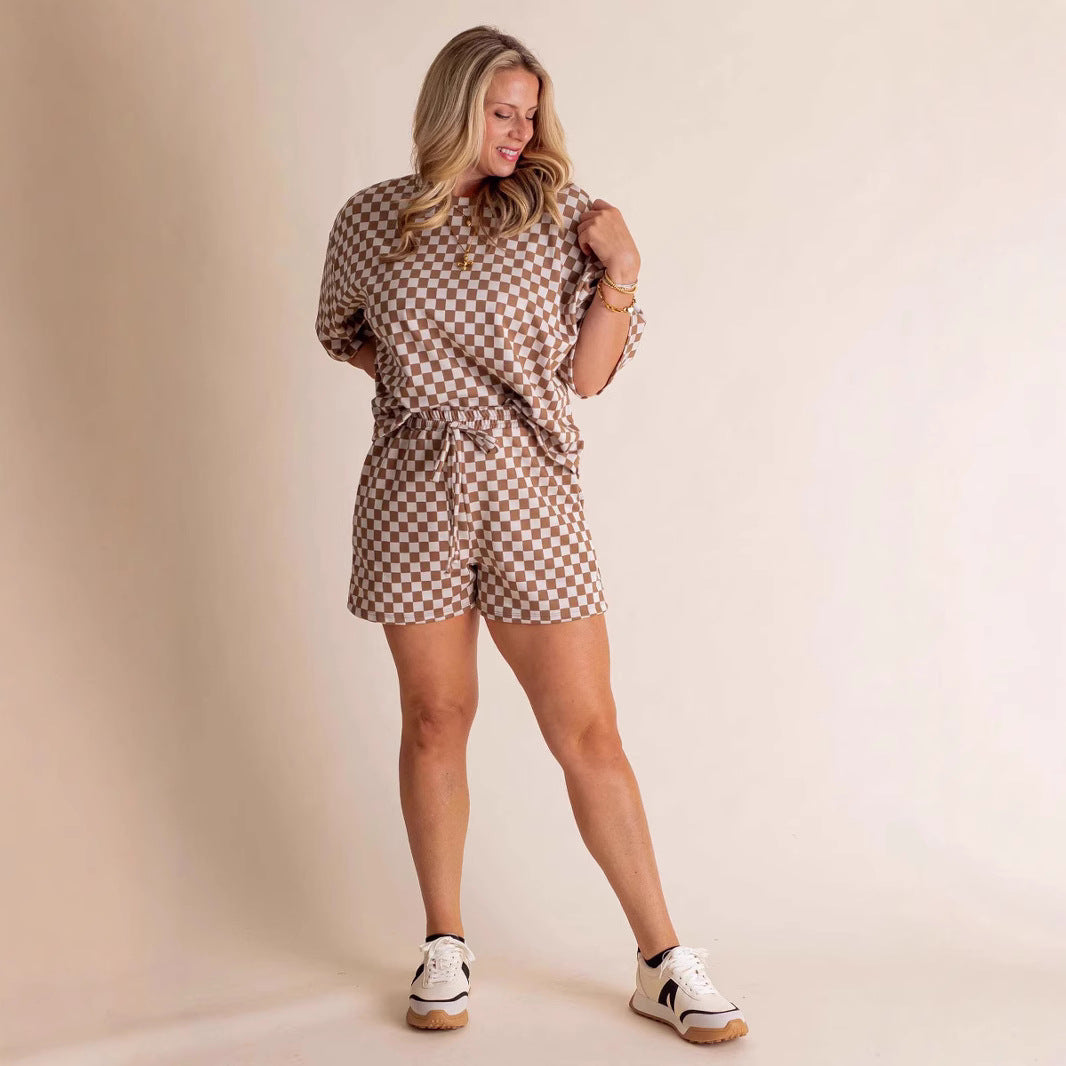 Nouvel ensemble deux pièces pour femme, décontracté et confortable, style européen et américain, chemise à carreaux à manches courtes et short.