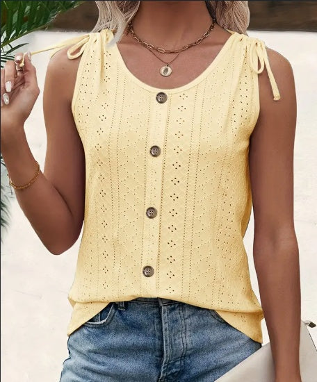 Débardeur à œillets boutonné sur le devant, débardeur décontracté sans manches pour l'été, vêtements pour femmes Main Image