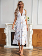 Nouvelle robe d'été sans manches à col en V, taille haute imprimée pour femmes