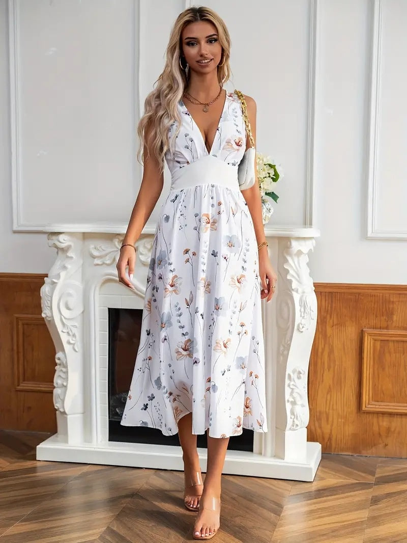 Nouvelle robe d'été sans manches à col en V, taille haute imprimée pour femmes