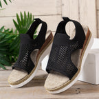 Nouvelles sandales d'été compensées creuses Chaussures en maille respirante tissées mouches pour femmes Sandales à bout ouvert