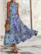 Robe longue confortable sans manches pour femme, à motif porcelaine bleue et blanche