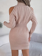 Robe Pull Moulante Femme Décontractée Col Roulé Mi-Hauteur Épaules Dénudées Tricot Torsadé Manches Lanternes
