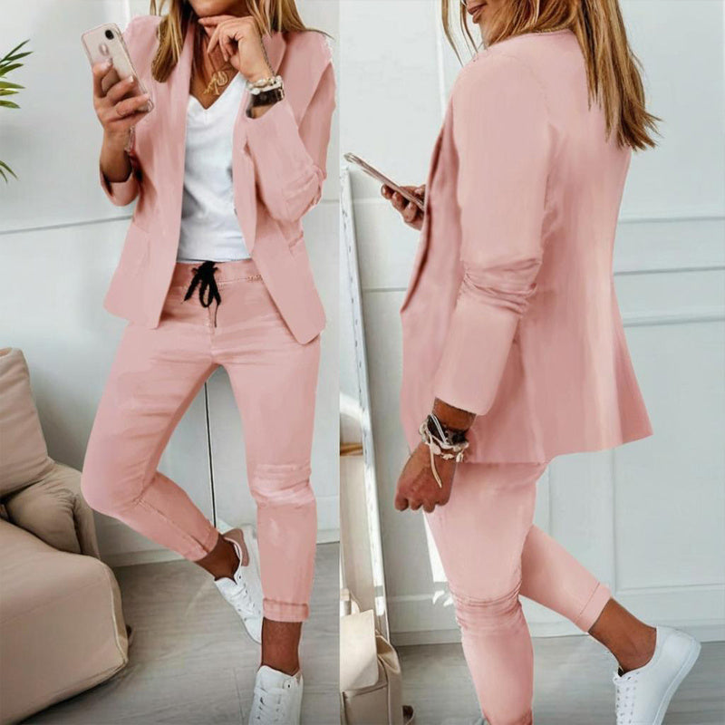 Ensemble tailleur à manches longues de couleur unie pour femme - Blazer élégant à revers cranté avec poches et pantalon à taille élastique, tenue décontractée chic pour le printemps et l'automne