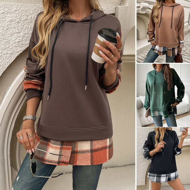 Sweat à capuche oversize vintage pour femme avec patchwork à carreaux élégant Y2k Vêtements de rue Col rond Sweat-shirts à capuche à manches longues Hover Image
