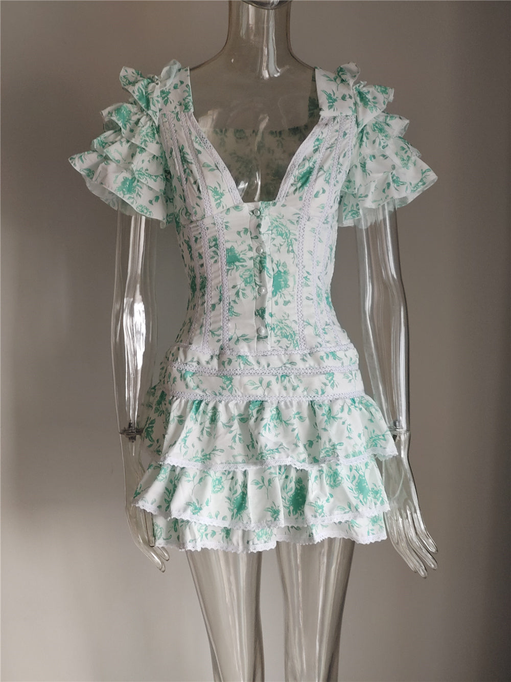 Robe Courte Volants Bleu Clair Femme