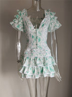 Robe Courte Volants Bleu Clair Femme