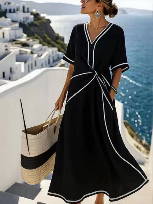 Robe Longue D'été Imprimée Rayures Décontractée Plage Vacances Manches Courtes Vêtements Femme