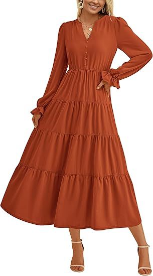 Robe longue fluide à volants superposés pour l'automne