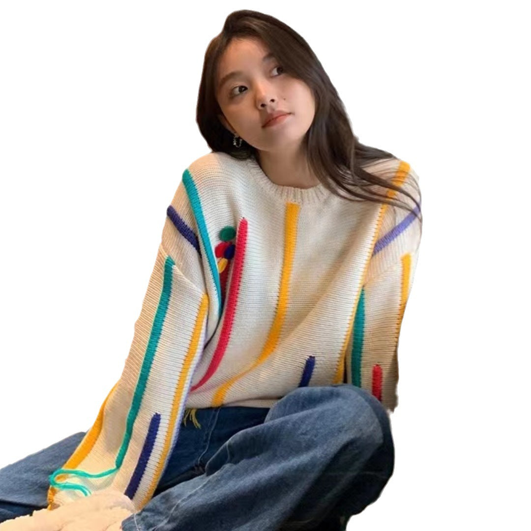 Pull Frangé Tricot Rayé Coloré Pour Femme