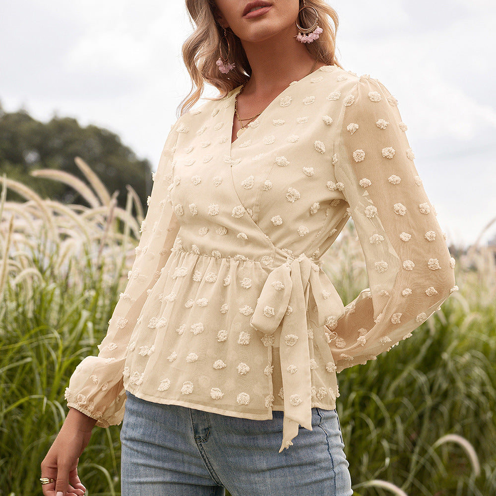 Chemisier femme à manches longues et col en V en dentelle jacquard