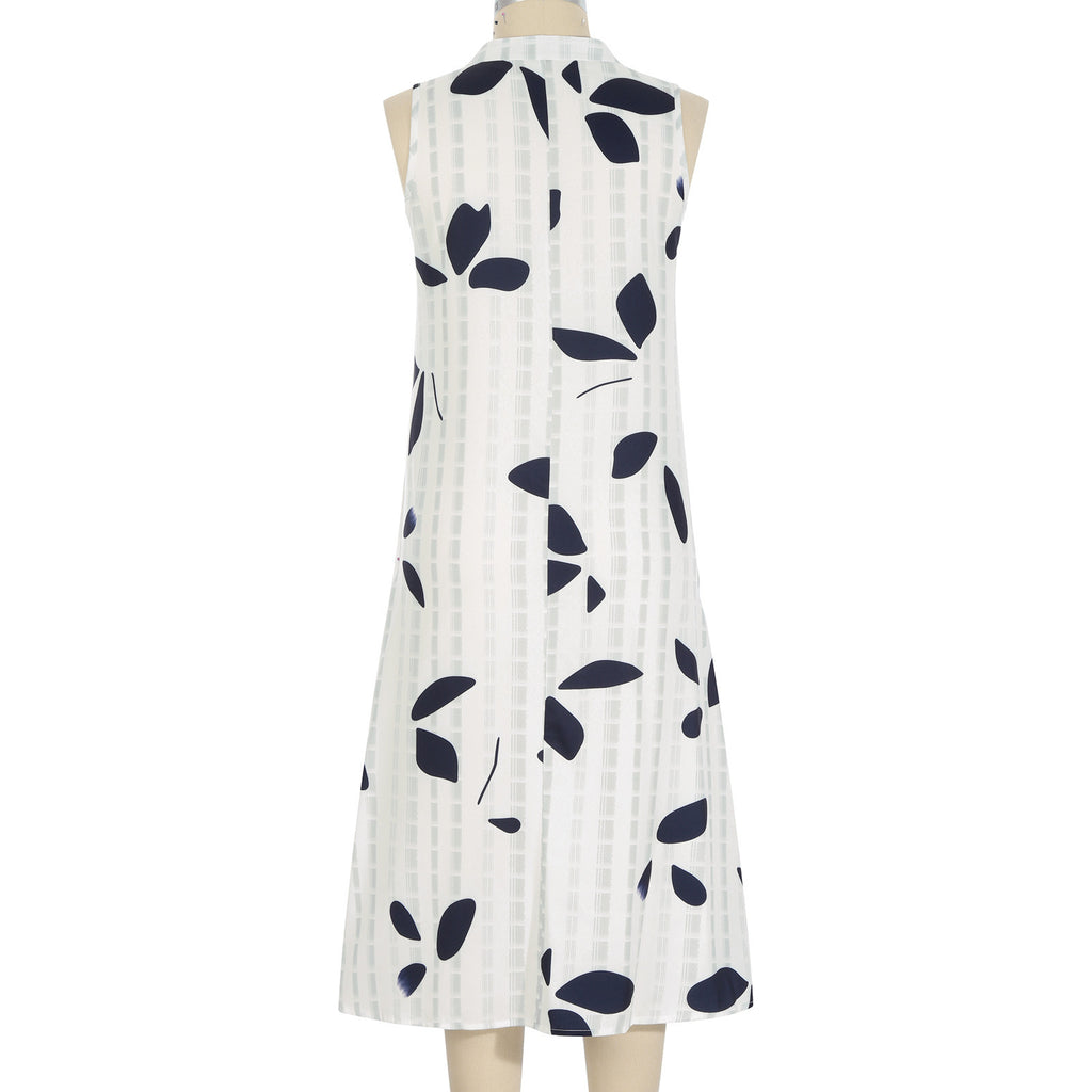 Robe mi-longue décontractée à col en V et taille nouée à motifs de feuilles pour femme