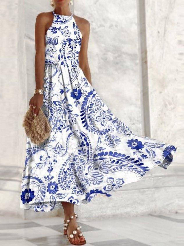 Robe longue confortable sans manches pour femme, à motif porcelaine bleue et blanche
