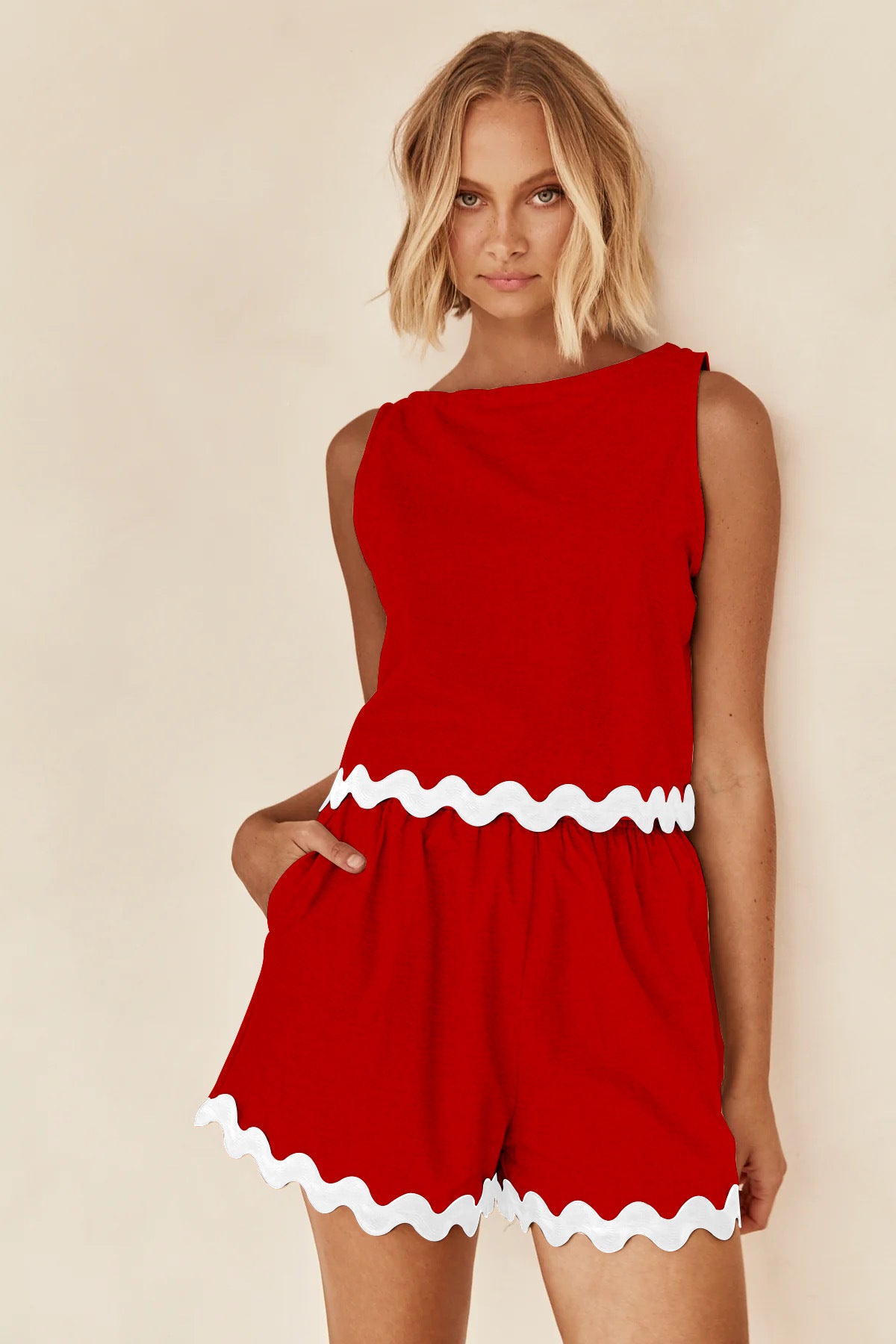 Ensemble Imprimé New Wave Débardeur Sans Manches Et Short Confortable Décontracté Couleur Unie 2 Pièces Pour Vêtements Femme