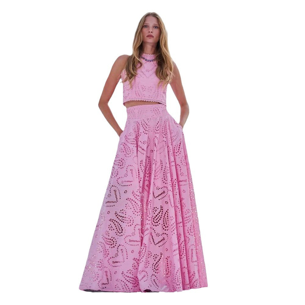 Élégance Vêtement Féminin Robe Longue sans Manches Broderie Dentelle Combinaison de Vacances Ensemble Deux Pièces