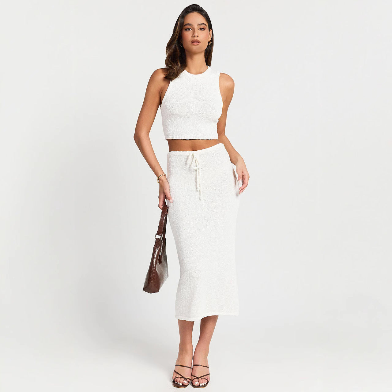 Ensemble deux pièces jupe longue taille haute tricotée sans manches de couleur unie pour femme, mode vacances