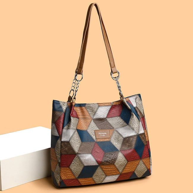 Sac à bandoulière géométrique rétro avec motif de couleurs contrastées, grand sac à main à coutures pour femmes Main Image