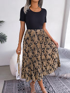 Femmes Robe midi plissée taille haute imprimé feuilles décontractée
