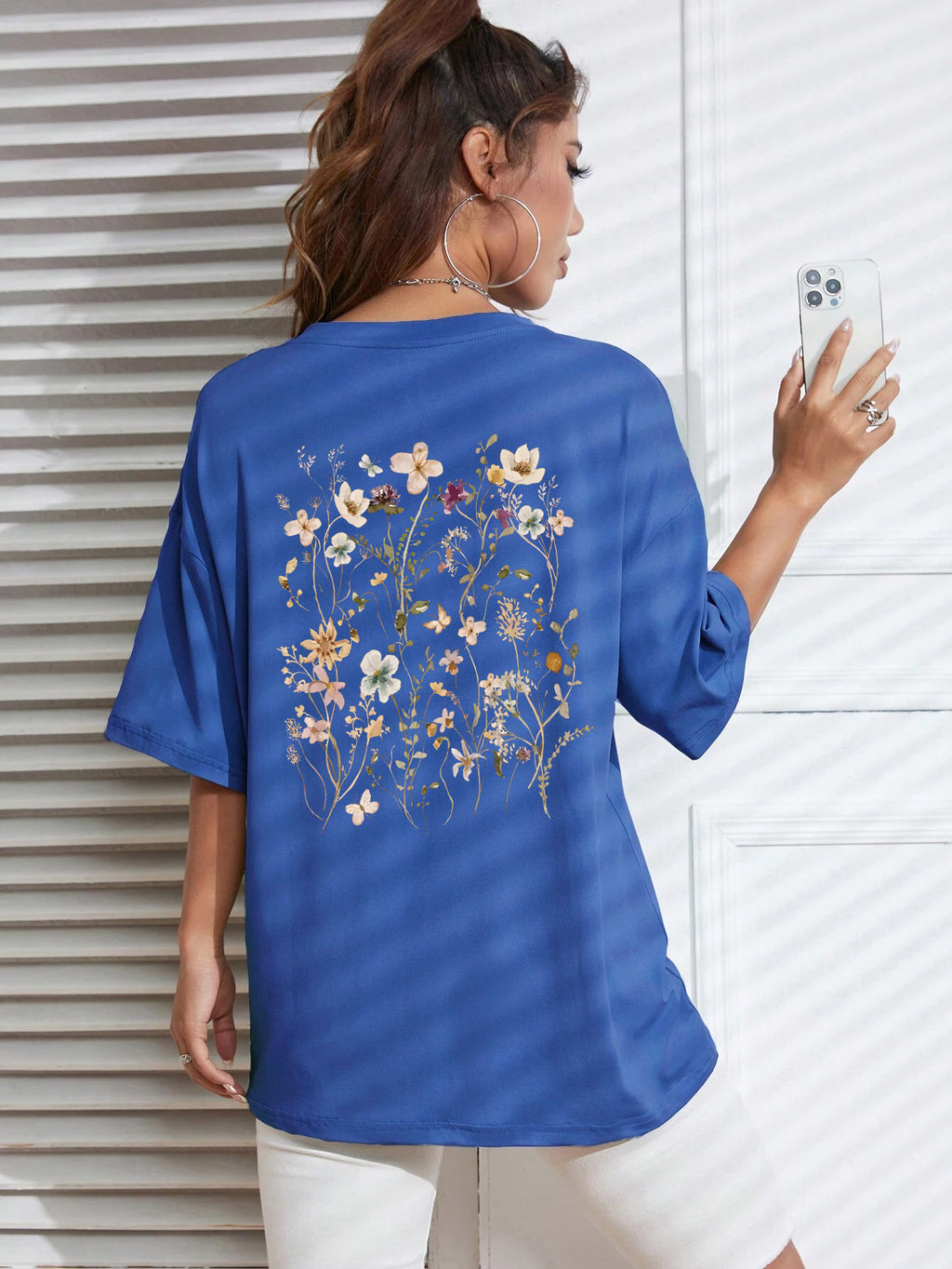 T-shirts décontractés en coton imprimés grappes de fleurs pour femmes
