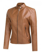 Vestes en cuir zippées pour femmes Mode couleur unie Poches Col montant Vêtements d'extérieur