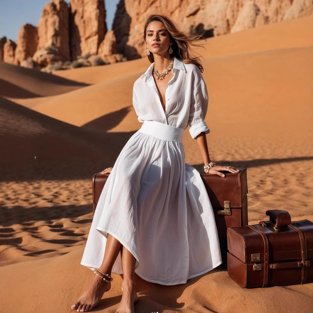 Robe longue femme à col en V et taille ajustée