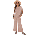 Ensemble deux pièces femme couleur unie manches courtes tricot ample décontracté