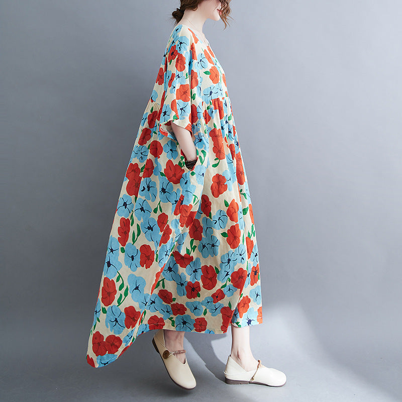 Robe ample en coton et lin imprimée à manches courtes de grande taille pour femmes
