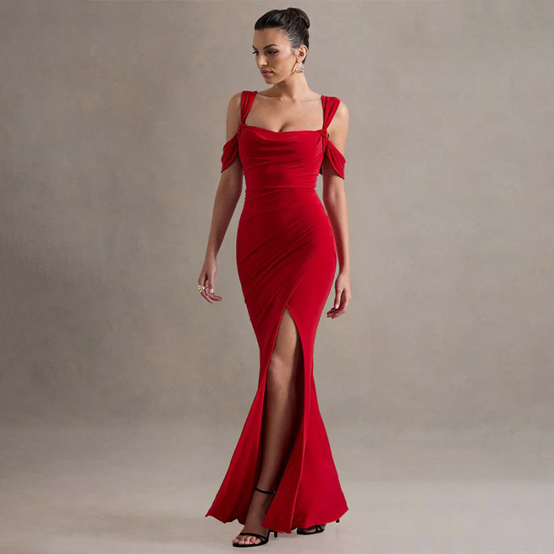 Robe sexy fendue à bretelles pour femme