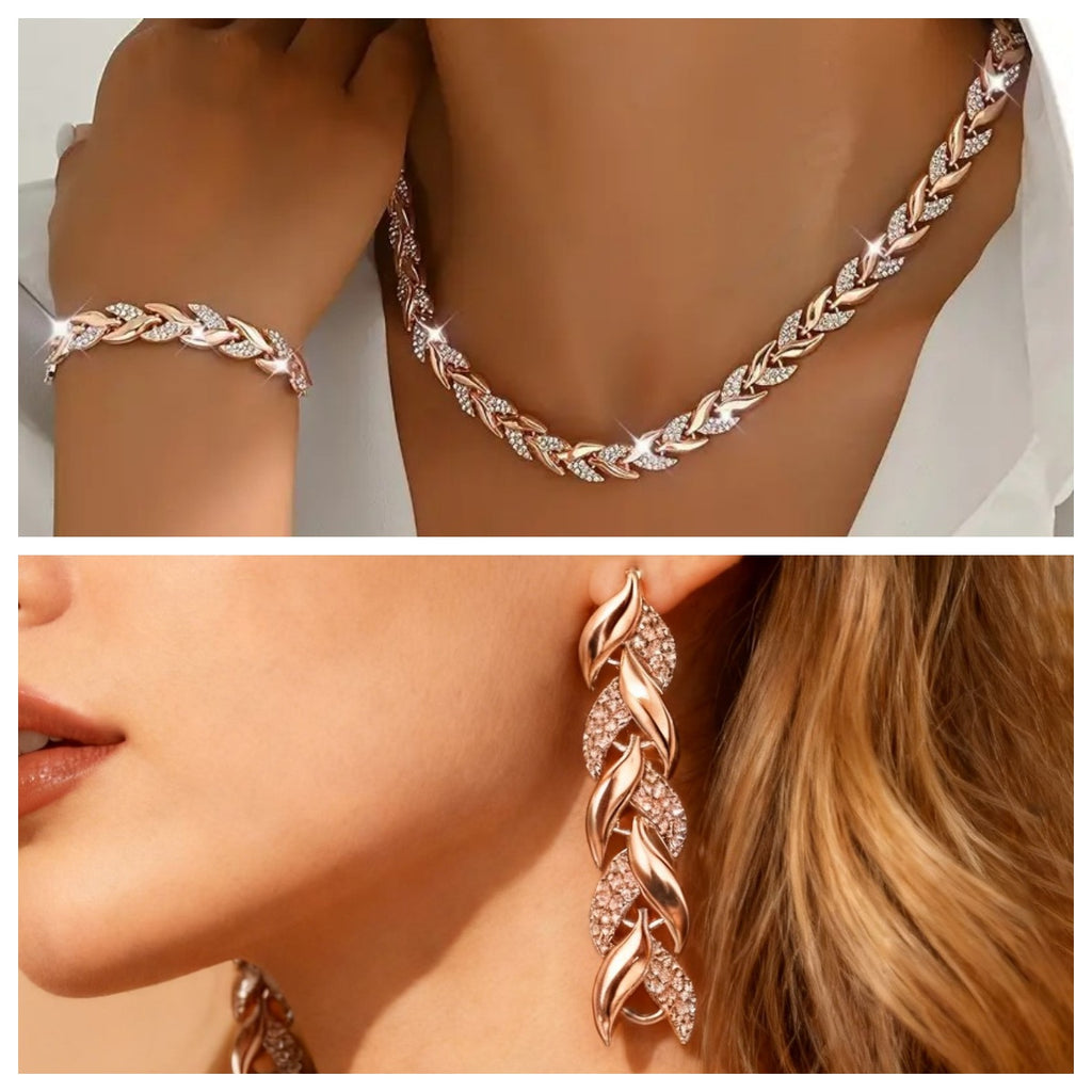 Parure Collier et Bracelet Femme avec Feuilles en Verre et Strass Élégants, Bijoux de Luxe à la Mode