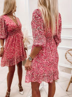 Robe imprimée col V avec manches et taille à volants - design exquis et élégant pour femmes - parfaite pour les femmes au printemps et en automne.