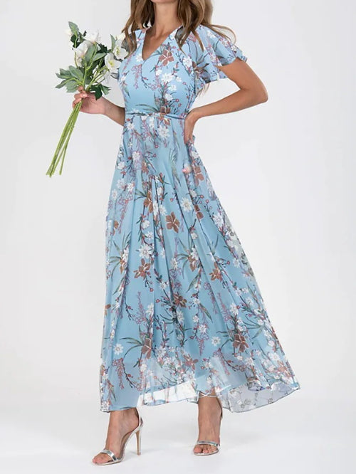 Robe courte à imprimé floral manches courtes Mode d'été Robes de plage à volants Vêtements pour femmes