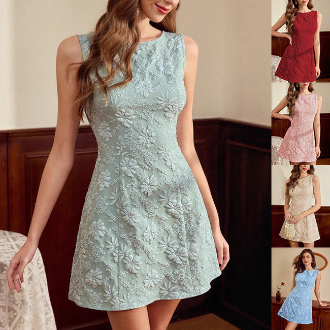 Floral Jacquard Sleeveless Dress French Minimalist Style Women's Summer Dress Hover Image