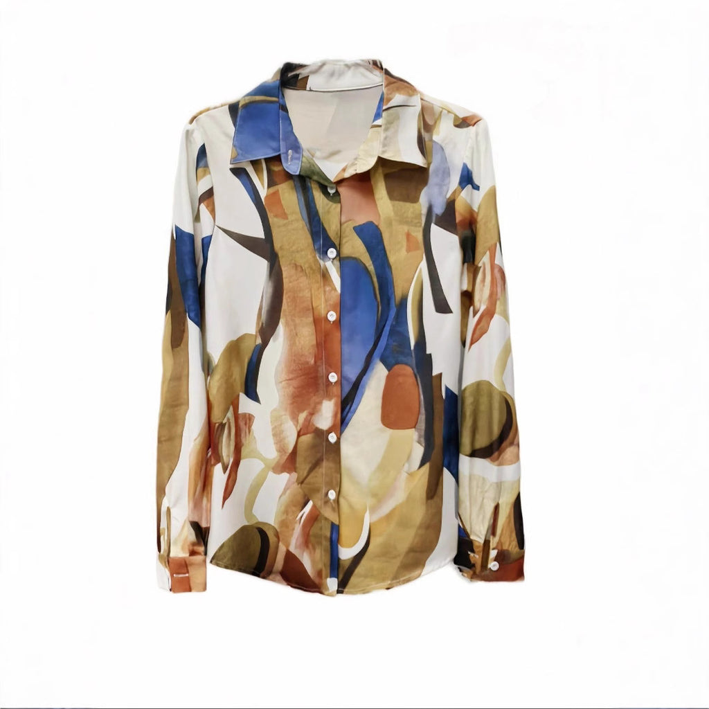 Chemise ample à manches longues lanternes et imprimé numérique pour femmes