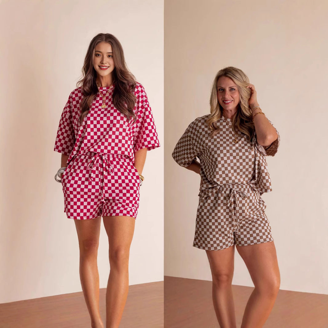Nouvel ensemble deux pièces pour femme, décontracté et confortable, style européen et américain, chemise à carreaux à manches courtes et short.