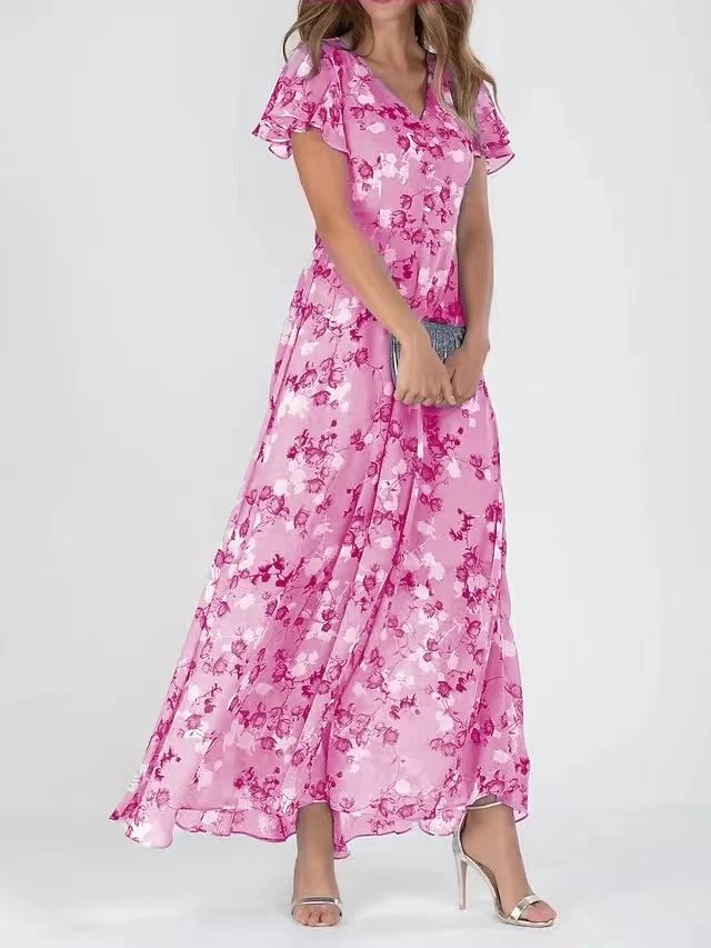 Robe courte à imprimé floral manches courtes Mode d'été Robes de plage à volants Vêtements pour femmes