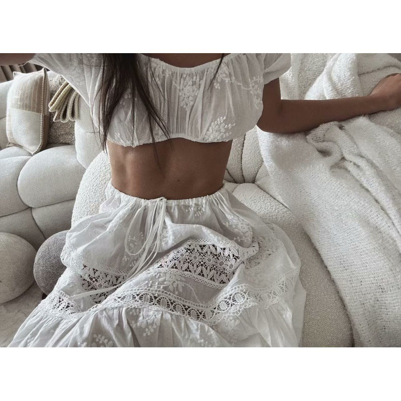 Haut court en dentelle à épaules dénudées, petite taille, robe longue patchwork à taille haute avec cordon de serrage