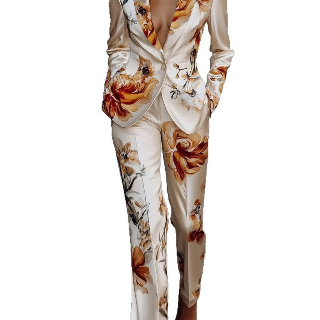Ensemble deux pièces de costume en satin imprimé à manches longues