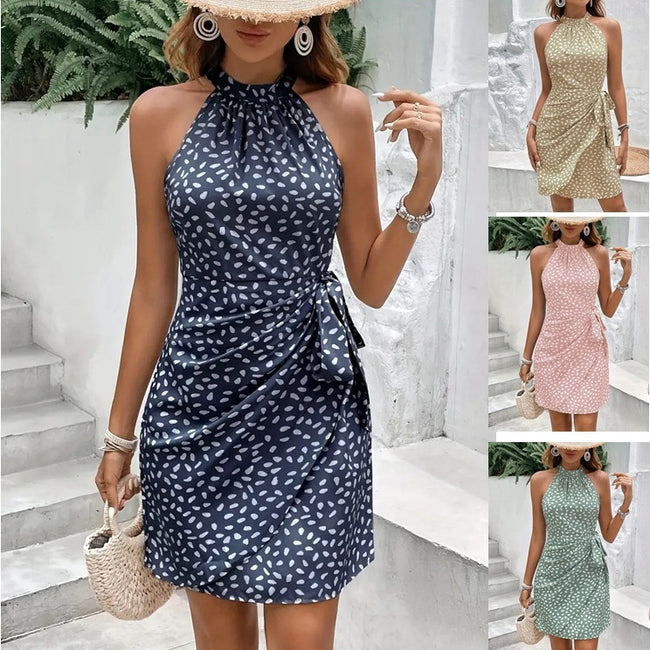 Robe d'été dos nu imprimée à taille nouée pour femme à pois et au tempérament élégant Hover Image