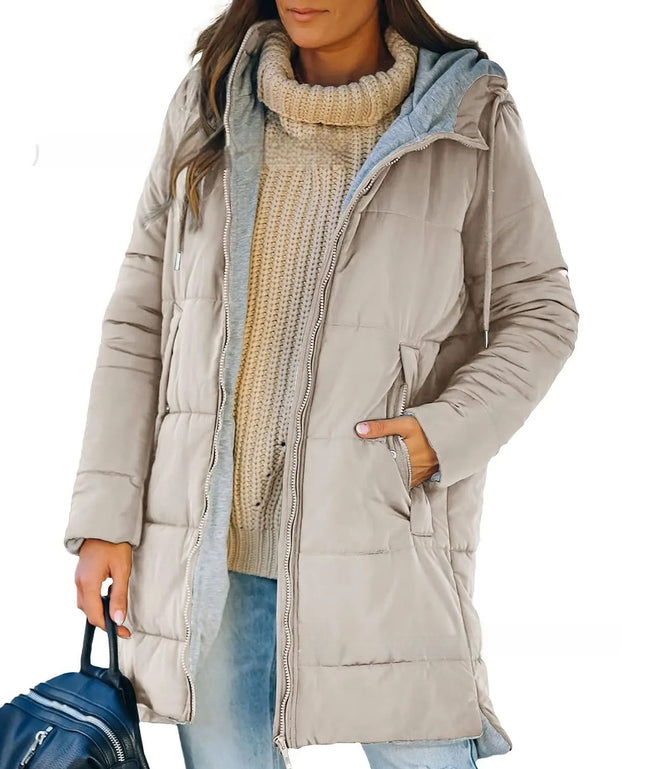 Manteau Long en Coton Uni avec Capuche et Poches pour Femme Main Image