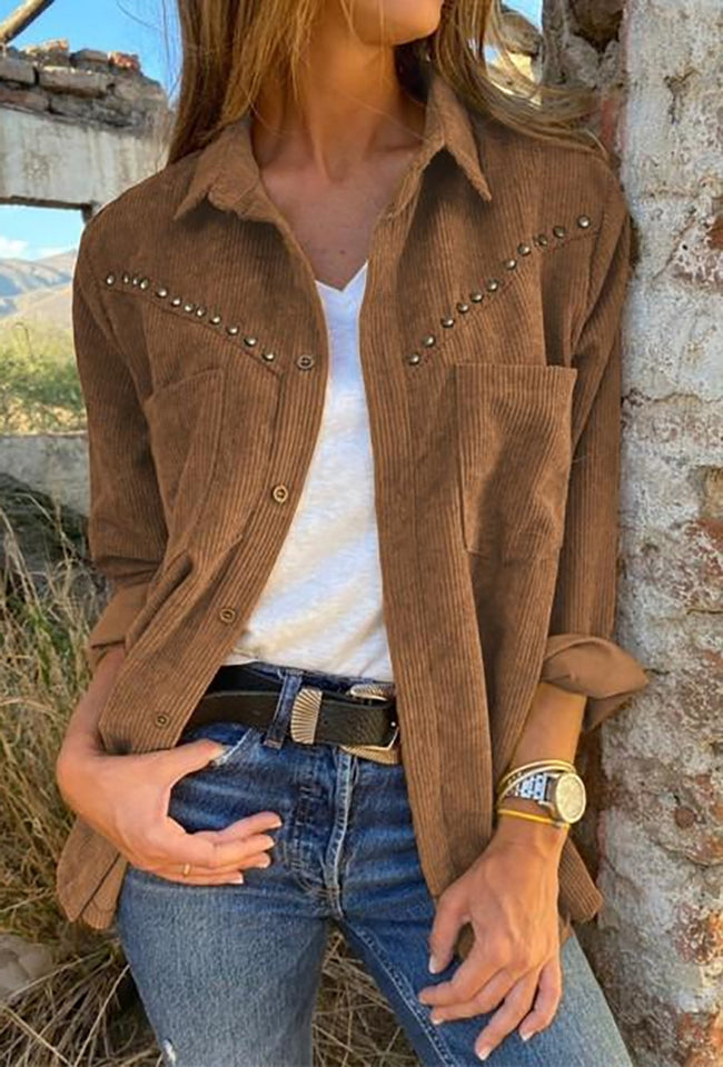 Haut chemise à manches longues boutonnée à poche Rivet pour femme Main Image