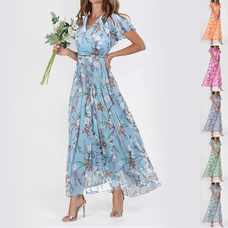 Robe courte à imprimé floral manches courtes Mode d'été Robes de plage à volants Vêtements pour femmes