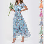 Robe courte à imprimé floral manches courtes Mode d'été Robes de plage à volants Vêtements pour femmes