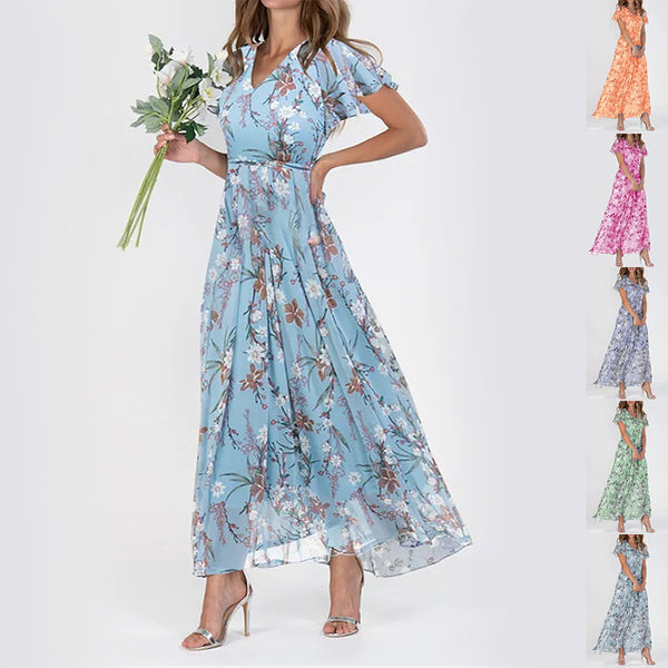 Robe courte à imprimé floral manches courtes Mode d'été Robes de plage à volants Vêtements pour femmes