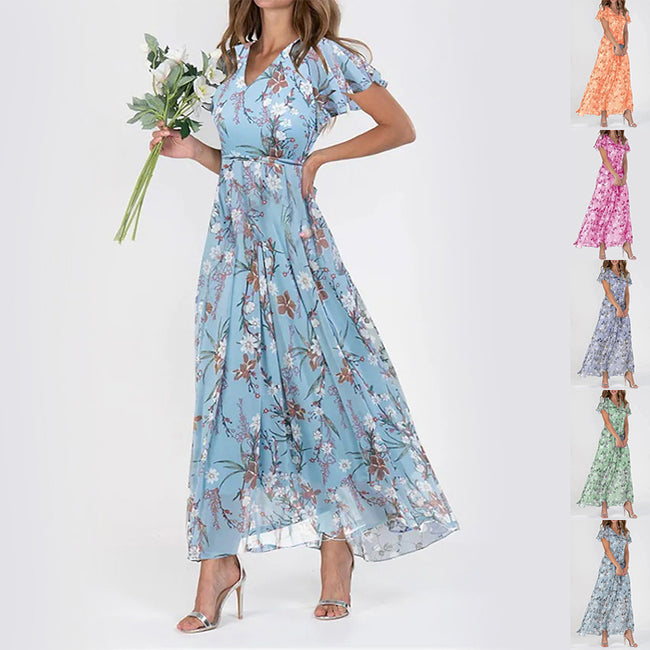 Robe courte à imprimé floral manches courtes Mode d'été Robes de plage à volants Vêtements pour femmes Hover Image